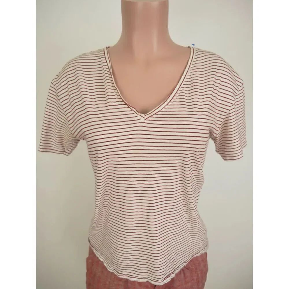 Zara Top Womens Small V-Neck Red White Stripe Short Sleeve T-Shirt Size Small - Picture 2 of 4